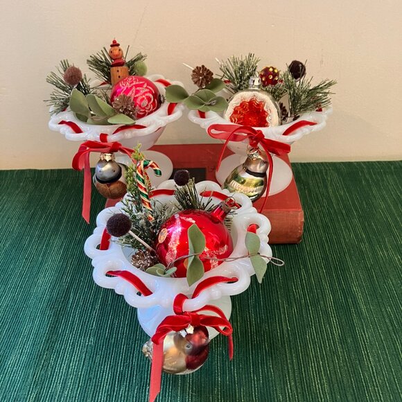 Vintage Christmas Tabletop Decor featuring Anchor Hocking Milk Glass Bowls x 3 - Picture 8 of 10